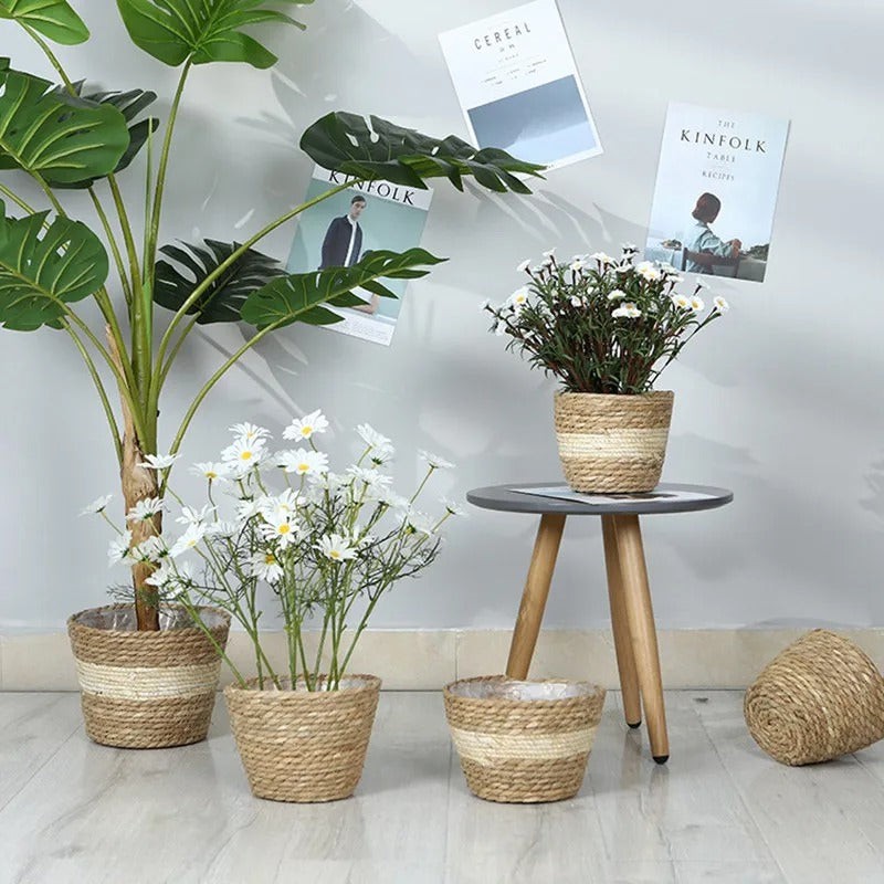 Artisan Woven Plant Pot: Handcrafted Straw Weaving for Indoor and Outdoor Plant Decor -ShopMallUniverse