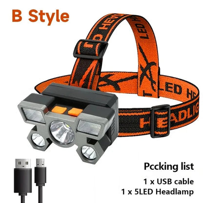 Illuminate Your Adventures: Rechargeable 5 LED Headlamp with Built-in Battery - Perfect for Camping, Fishing, and More - Orange/Black/Light Option#2 -ShopMallUniverse