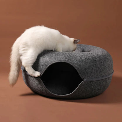 Pawstrip™ Cozy Cat Retreat: Donut Cat Bed and Tunnel for Interactive Play and Relaxation -ShopMallUniverse