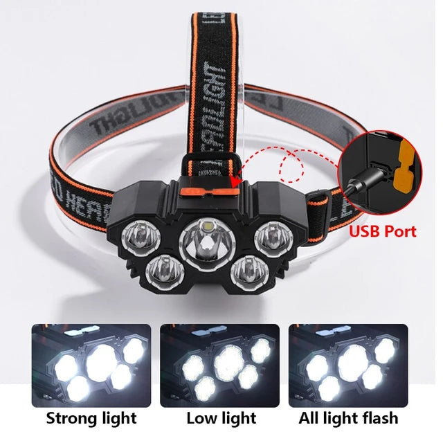 Illuminate Your Adventures: Rechargeable 5 LED Headlamp with Built-in Battery - Perfect for Camping, Fishing, and More -ShopMallUniverse