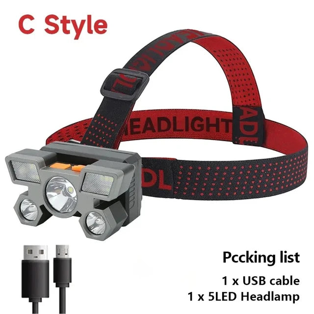 Illuminate Your Adventures: Rechargeable 5 LED Headlamp with Built-in Battery - Perfect for Camping, Fishing, and More - Red/Black -ShopMallUniverse