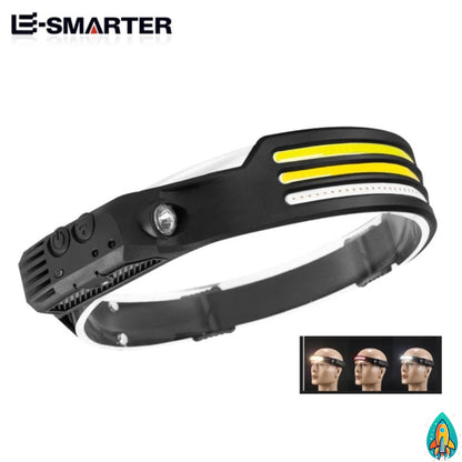 E-SMARTER: Rechargeable COB LED Sensor Headlamp with 5 Lighting Modes - 3 Red/White/Yellow Light Bar Strip -ShopMallUniverse