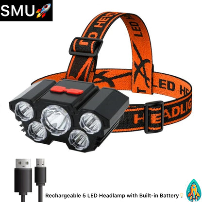 Illuminate Your Adventures: Rechargeable 5 LED Headlamp with Built-in Battery - Perfect for Camping, Fishing, and More -ShopMallUniverse