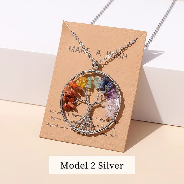 Divine Balance: 7 Chakras Tree of Life Pendant Necklace - Model 2 Silver -ShopMallUniverse