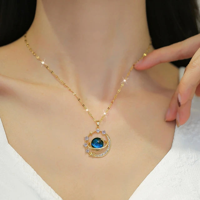 Celestial Splendor: Stainless Steel Starry Sky Planet Necklace -ShopMallUniverse