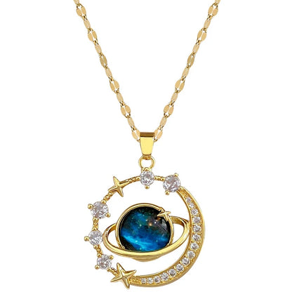 Celestial Splendor: Stainless Steel Starry Sky Planet Necklace - Gold/ 45cm (17.7 inches) -ShopMallUniverse