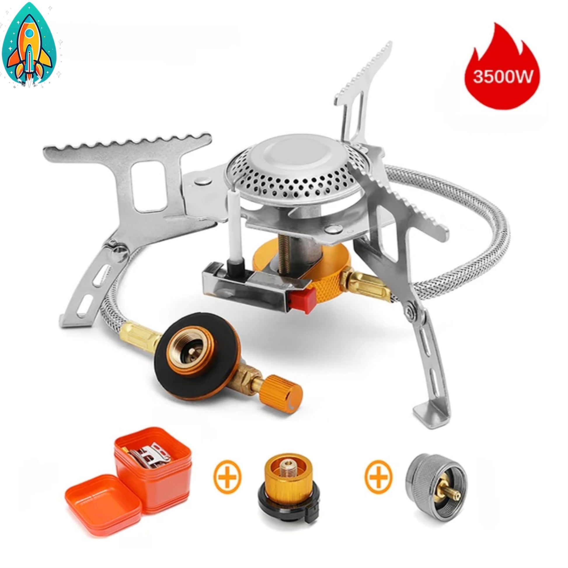 Adventurer's Choice: 5800W Portable Windproof Gas Stove - Unleash Big Power in the Great Outdoors - Set #4=5800W cooker (not windproof) + gold Adapter + silver adapter -ShopMallUniverse