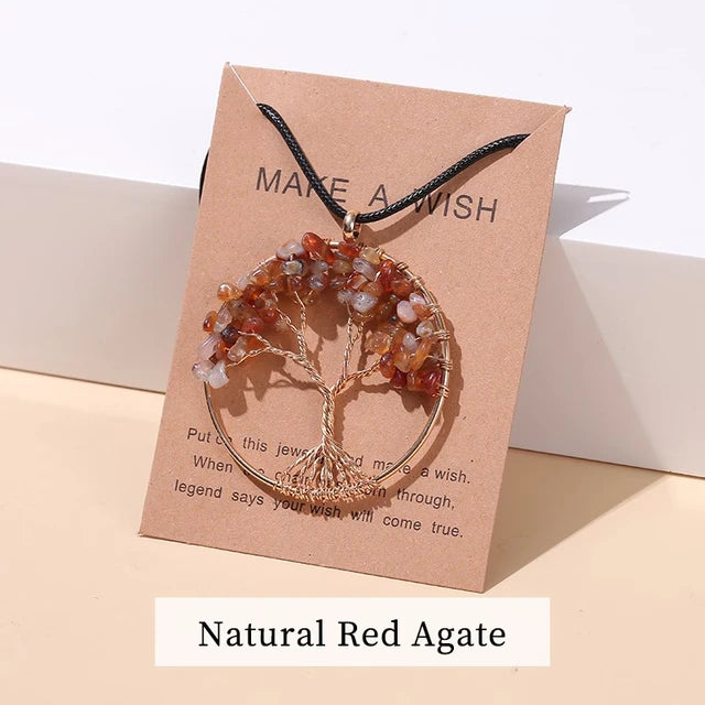 Divine Balance: 7 Chakras Tree of Life Pendant Necklace - Red Agate -ShopMallUniverse