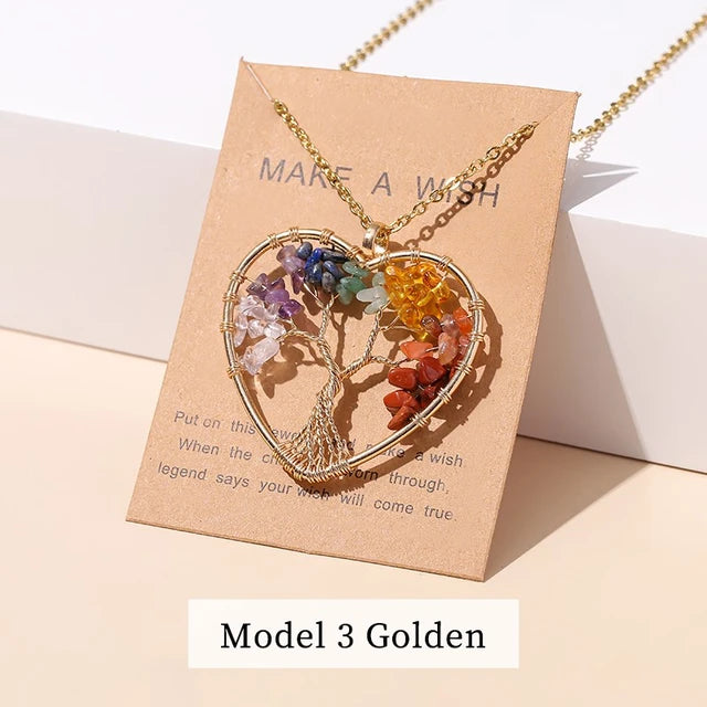 Divine Balance: 7 Chakras Tree of Life Pendant Necklace - Model 3 Golden -ShopMallUniverse