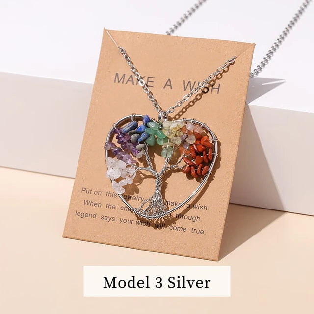 Divine Balance: 7 Chakras Tree of Life Pendant Necklace - Model 3 Silver -ShopMallUniverse