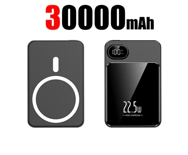 Magnetic Qi Wireless Charger Power Bank: Fast Charging for iPhone and Samsung - 30000mAh / Black -ShopMallUniverse