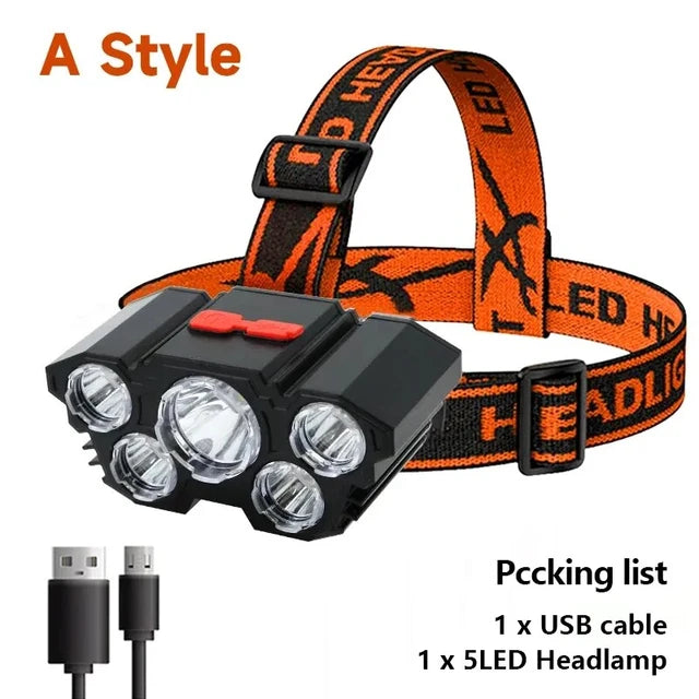 Illuminate Your Adventures: Rechargeable 5 LED Headlamp with Built-in Battery - Perfect for Camping, Fishing, and More - Orange/Black/Light Option#1 -ShopMallUniverse