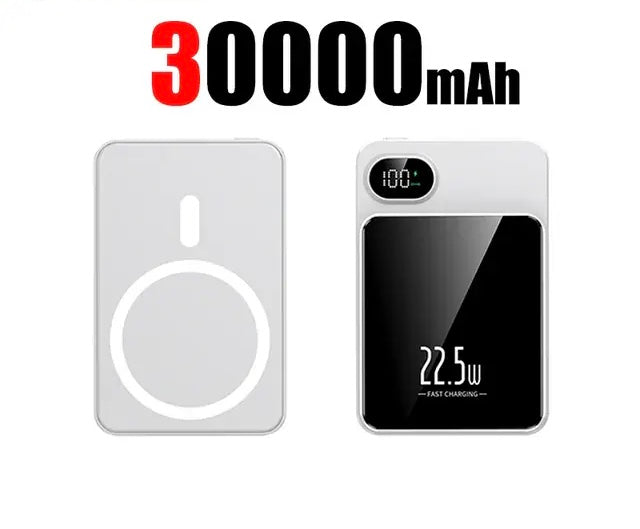 Magnetic Qi Wireless Charger Power Bank: Fast Charging for iPhone and Samsung - 30000mAh / White -ShopMallUniverse