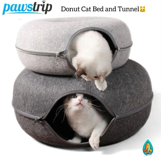 Pawstrip™ Cozy Cat Retreat: Donut Cat Bed and Tunnel for Interactive Play and Relaxation -ShopMallUniverse