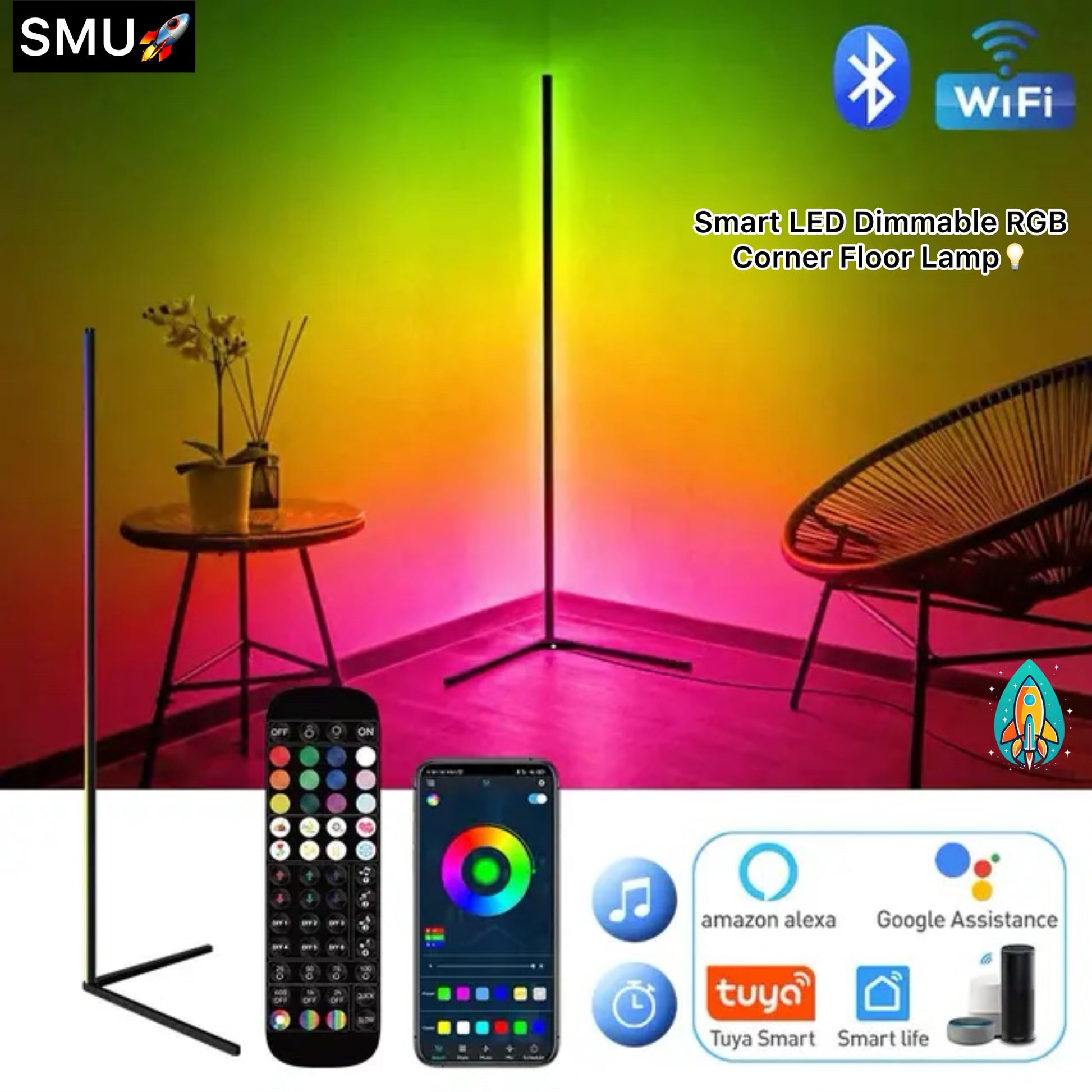 Smart LED Dimmable RGB Corner Floor Lamp, App-Enabled -ShopMallUniverse