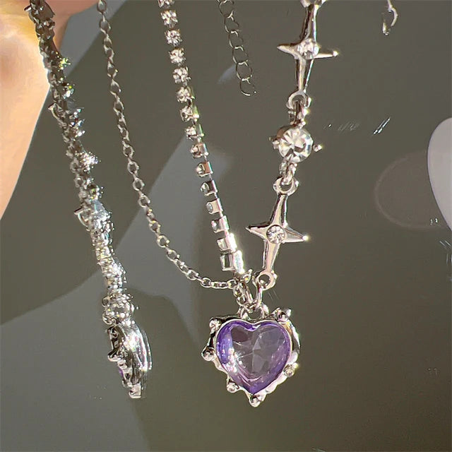 Cosmic Sparkle: Crystal Heart Pendant Necklace for Fashion-Stardust Dreamers - Purple -ShopMallUniverse