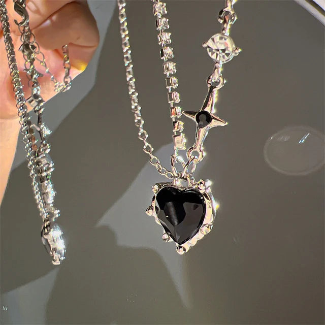 Cosmic Sparkle: Crystal Heart Pendant Necklace for Fashion-Stardust Dreamers - Black -ShopMallUniverse