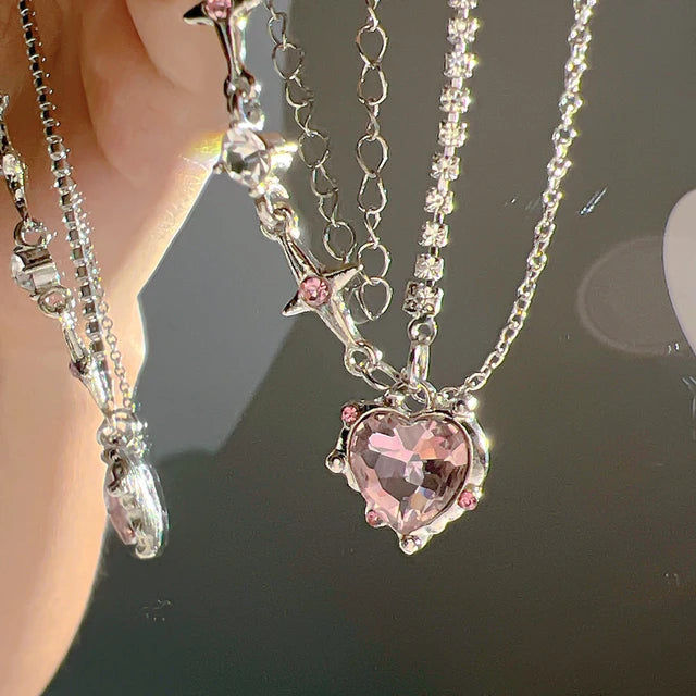 Cosmic Sparkle: Crystal Heart Pendant Necklace for Fashion-Stardust Dreamers - Pink -ShopMallUniverse