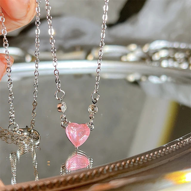 Cosmic Sparkle: Crystal Heart Pendant Necklace for Fashion-Stardust Dreamers - Solid Pink -ShopMallUniverse