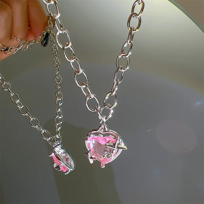 Cosmic Sparkle: Crystal Heart Pendant Necklace for Fashion-Stardust Dreamers - Pink/Star -ShopMallUniverse