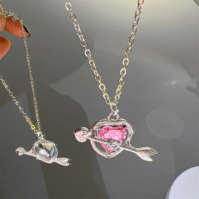 Cosmic Sparkle: Crystal Heart Pendant Necklace for Fashion-Stardust Dreamers - Pink/Arrow -ShopMallUniverse