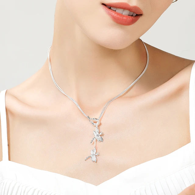 Graceful Dragonfly Duo: 925 Sterling Silver Pendant Necklace with Snake Chain -ShopMallUniverse