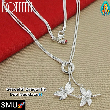 Graceful Dragonfly Duo: 925 Sterling Silver Pendant Necklace with Snake Chain -ShopMallUniverse