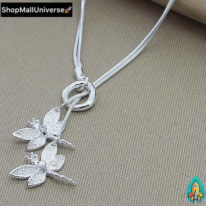 Graceful Dragonfly Duo: 925 Sterling Silver Pendant Necklace with Snake Chain -ShopMallUniverse