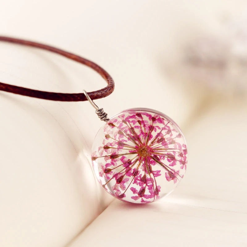 Dried Flower Glass Pendant Necklace - Pink -ShopMallUniverse