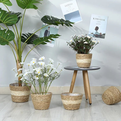 Artisan Woven Plant Pot: Handcrafted Straw Weaving for Indoor and Outdoor Plant Decor -ShopMallUniverse