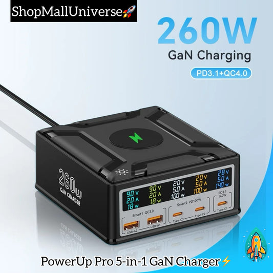 PowerUp Pro 5-in-1 GaN Charger: Ultimate Fast Charging for MacBook, iPhone, Samsung & More -ShopMallUniverse