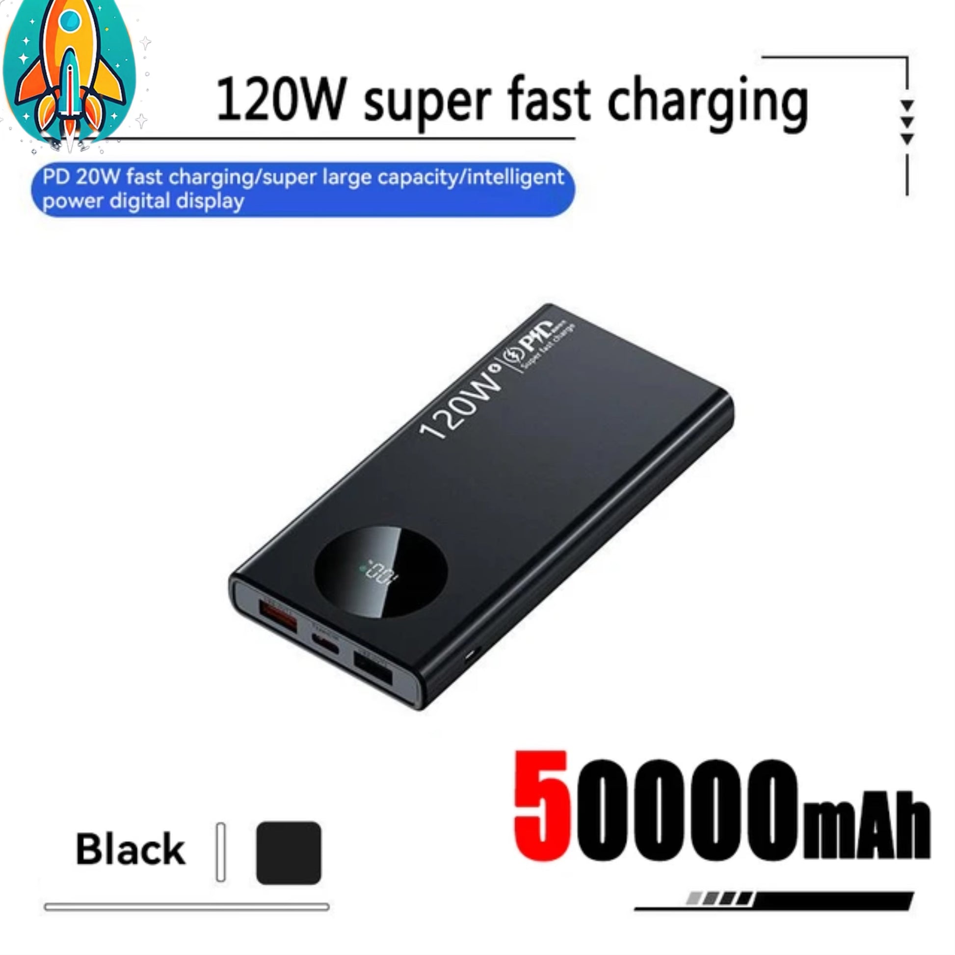 Revolutionary Ultra-Fast Charging 120W Power Bank with Clock - 10000mAh/20000mAh/50000mAh- Thin, Light, & Long Lasting - Black / 50000mAh -ShopMallUniverse