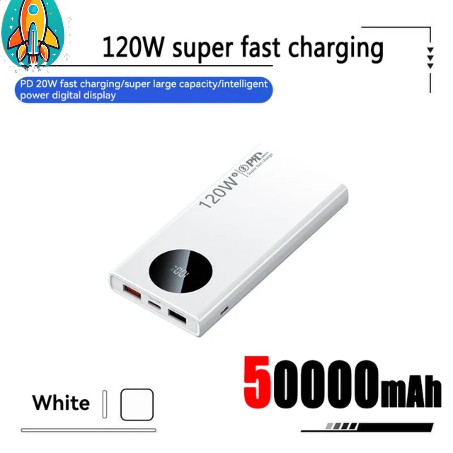 Revolutionary Ultra-Fast Charging 120W Power Bank with Clock - 10000mAh/20000mAh/50000mAh- Thin, Light, & Long Lasting - White / 50000mAh -ShopMallUniverse