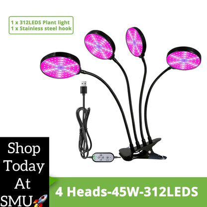 Ultimate USB Full Spectrum LED Grow Light with Dimming Control and Clip - Perfect for Gardening, Succulents, and Potted Plants! - 60W - 4 Heads - 312LEDS -ShopMallUniverse