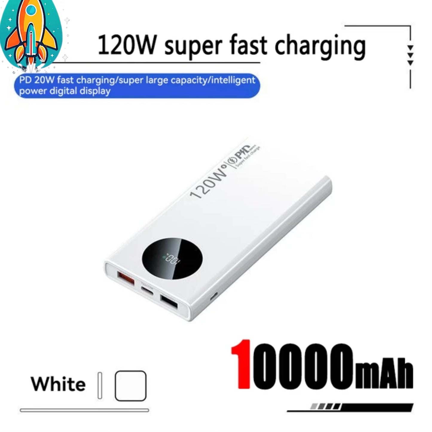 Revolutionary Ultra-Fast Charging 120W Power Bank with Clock - 10000mAh/20000mAh/50000mAh- Thin, Light, & Long Lasting - White / 10000mAh -ShopMallUniverse