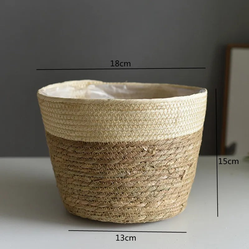 Artisan Woven Plant Pot: Handcrafted Straw Weaving for Indoor and Outdoor Plant Decor - Small / Beige -ShopMallUniverse