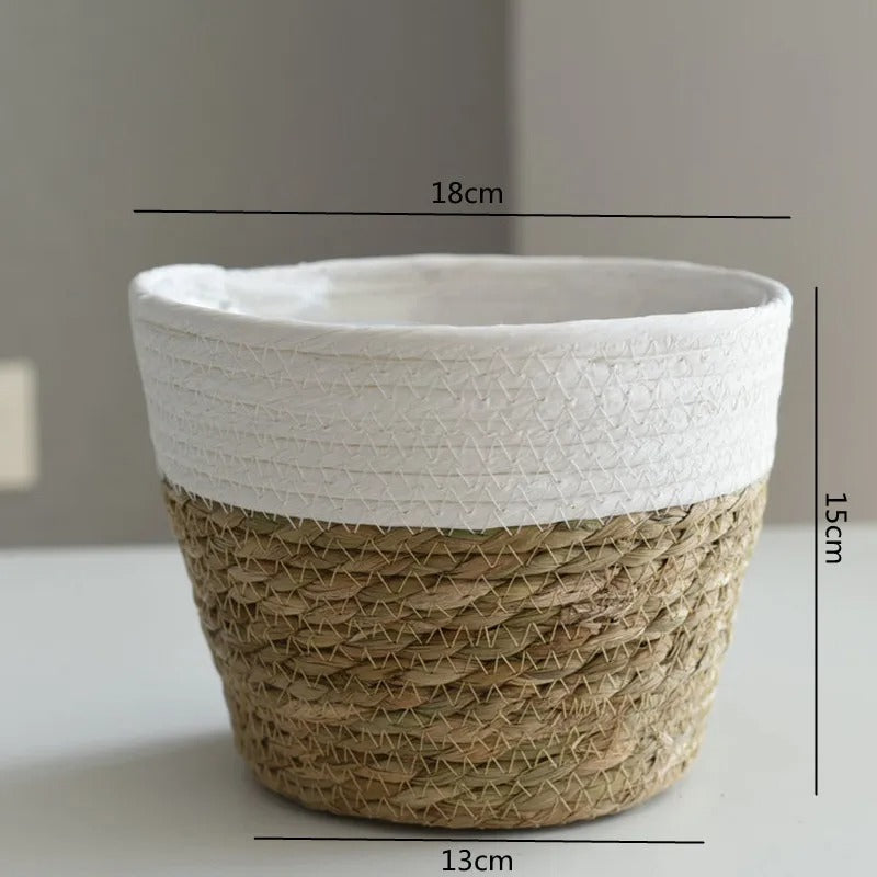 Artisan Woven Plant Pot: Handcrafted Straw Weaving for Indoor and Outdoor Plant Decor - Small / White -ShopMallUniverse