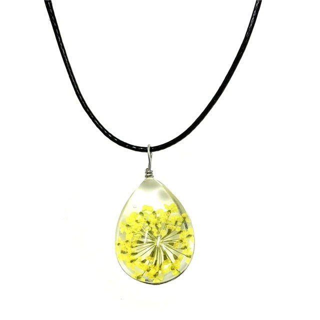 Dried Flower Glass Pendant Necklace - Yellow -ShopMallUniverse