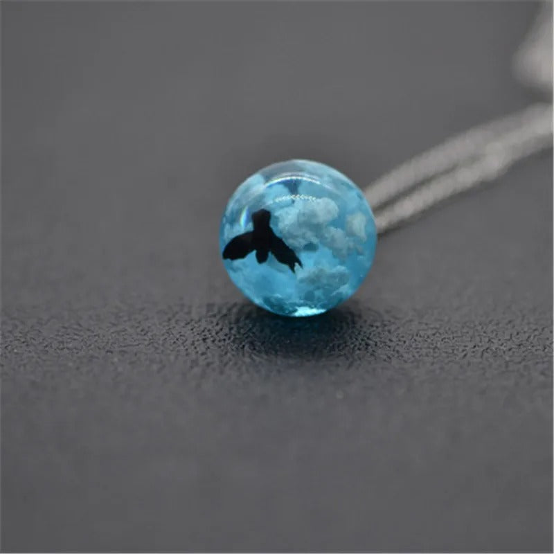 Transparent Resin Moon Necklace - Round Shape / Blue Bird -ShopMallUniverse