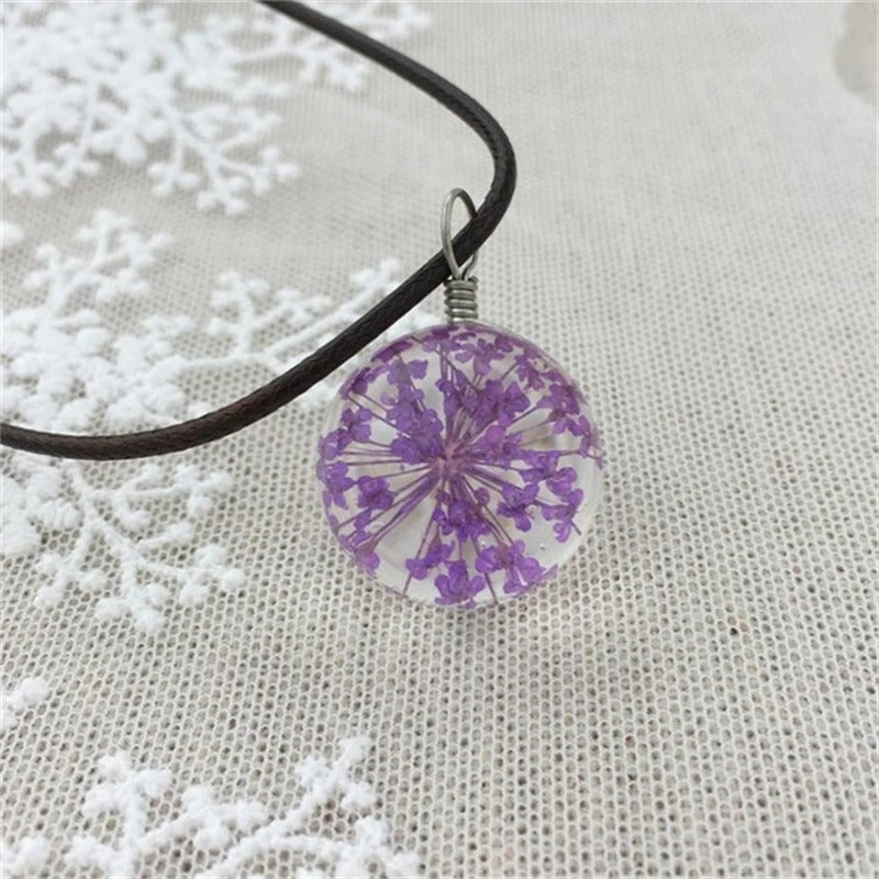 Dried Flower Glass Pendant Necklace - Purple -ShopMallUniverse