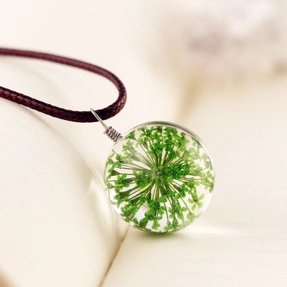 Dried Flower Glass Pendant Necklace - Green -ShopMallUniverse